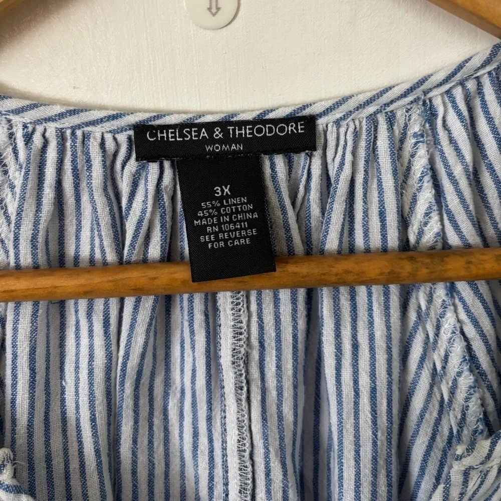 Chelsea & Theodore blu strp w embr & tassel linen/cotton blnd qtop SZ 3X peasant - Picture 4 of 7